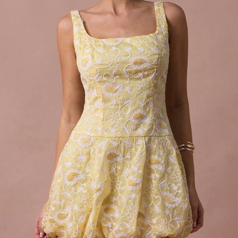 Yellow Boho Romantic Women's Floral Embroidered Vest Mini Dress